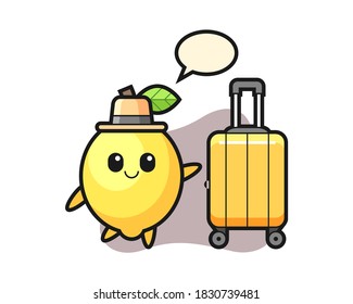 Lemon cartoon illustration with luggage on vacation