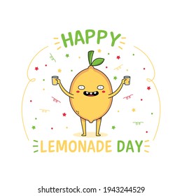 A lemon cartoon mascot character celebrating the national lemonade day on the first Sunday of the month May
