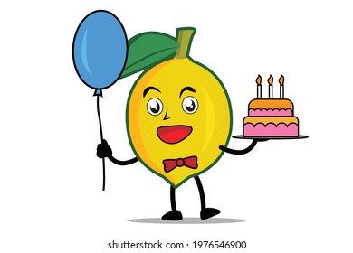 Lemon Cartoon mascot or character holding balloons and birthday cake at birthday celebration event