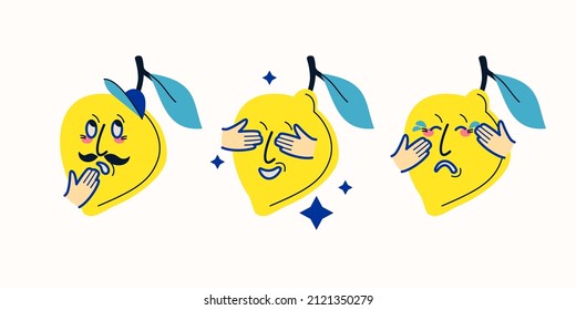 Lemon in cartoon style. Funny cartoon characters. Flat vector graphics in a popular style. A set of different emotions.
