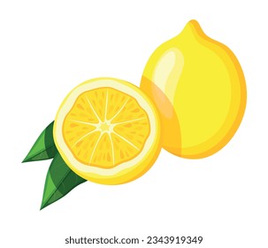 Lemon in cartoon style. Vector illustration of delicious, fresh and juicy whole lemon and half with green leaves isolated on white background. Citrus. Organic food.