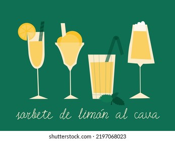 Sorbete de cava de limón. Un conjunto de copas con un cóctel alcohólico de helado de limón y vino espumoso. Ilustración vectorial retro plano para el diseño. Fondo verde.