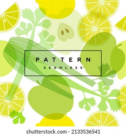 Lemon,  celery and apple seamless pattern. Transparent fruits,  leaves and frame with text is on separate layer.