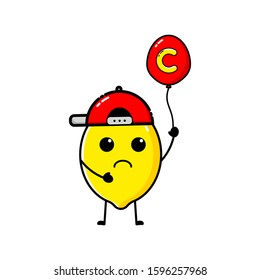 Lemon character design that is wearing a hat and carrying a balloon with the letter C