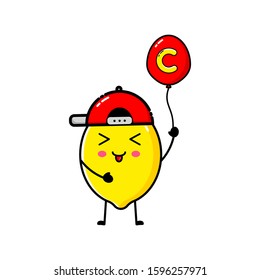 Lemon character design that is wearing a hat and carrying a balloon with the letter C