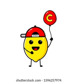 Lemon character design that is wearing a hat and carrying a balloon with the letter C