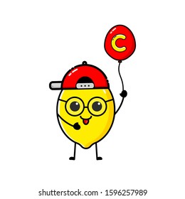 Lemon character design that is wearing a hat and carrying a balloon with the letter C