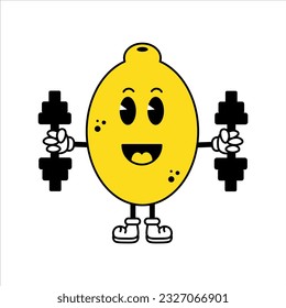 Lemon character with dumbbells. Happy sports and healthy lifestyle cartoon mascot in retro style holds two dumbbells in hands. Motivational vector illustration