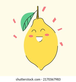 lemon character. fun fruit. Fresh citrus. citrus fruit lemon. Design print for poster, banner, cards, invitation to agriculture. fruit picking season. 
Lemon is happy to celebrate. Vector illustration