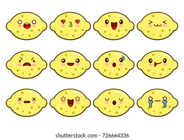 Lemon character funny cartoon set with different emotions on the kawaii face. Flat design Vector Illustration