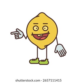 Carácter de limón medio punto de vuelta y el dedo sonriente. Ilustración vectorial