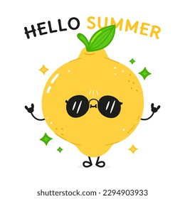 Lemon character. Hello summer card. Vector hand drawn cartoon kawaii character illustration icon. Isolated on white background. Lemon fruit character concept