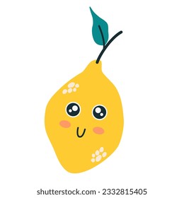 Lemon character icon with smiley face. Cute fruit. Vector illustrations in a pastel palette for kids isolated on the white background. 