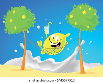 Lemon Character Rest in Hammock on the Beach by Milk Splashing Sea - Vector Illustration