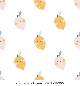 Lemon character seamless pattern with smiley face. Hand-drawn cartoon doodle in simple naive style. Vector illustrations in a pastel palette for kids. Isolate cute fruit on a white background