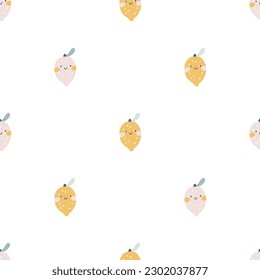 Lemon character seamless pattern with smiley face. Hand-drawn cartoon doodle in simple naive style. Vector illustrations in a pastel palette for kids. Isolate cute fruit on a white background