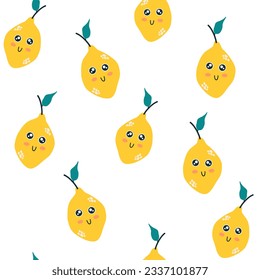 Lemon character seamless pattern. Lemon with smiley face. Creative texture for fabric, packaging, textiles, wallpaper, clothing. Vector illustration for kids. Cute fruit background