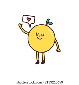 Lemon character showing love symbol, illustration for t-shirt, sticker, or apparel merchandise. With doodle, retro, and cartoon style.