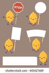 Lemon characters holding up signs.