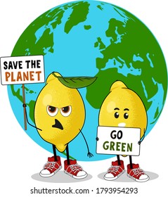 Lemon characters with placards and posters on strike for climate change. Characters holding in his hand poster with text save the planet and go green. Copy space. Template for any proecological  text