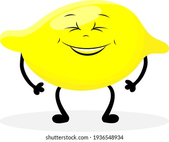 Lemon is a cheerful fruit, sad, vector children's drawing. Smiley man with legs and handles yellow for a vegetarian diet.
