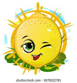 Lemon cheerful smile. Juicy red fruit with a muzzle. Cartoon style. Isolated over white background. Vector illustration. Bright summer composition against the background of the sun. Winks.