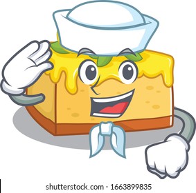 Lemon cheesecake cartoon concept Sailor wearing hat