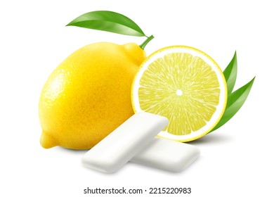 Lemon chewing gum. Bubble gum with lemon citrus flavor. Chewing pads with fresh ripe lemon, oral health product, realistic advertising poster. Isolated 3d vector illustration