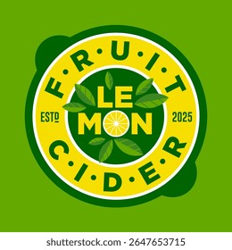 Lemon cider emblem in circle label. Lettering with letter O like a slice of lemon fruit and leaves.