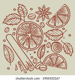 Lemon, cinnamon, anise and mint, contour graphics.