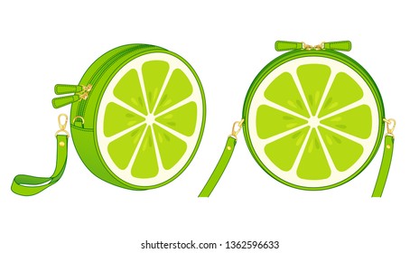 lemon circle bag, round purse, double slider zipper bag, daily zip pouch with detachable shoulder strap/ detachable wrist strap, vector illustration sketch template