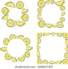 Lemon circle round frame set vector drawing. Citrus fruit circle and square label template. graphic line ink illustration for packaging, tea, juice, natural cosmetics, lemonade

