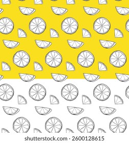 Lemon citric slices seamless pattern. Vector black and white graphic line ink illustration on transparent background. Ideal for menu, package, cosmetic, textile, cards
