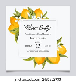 Lemon Citrus Amalfi coast Mediterranean Baby Shower Invitation Template. Lemon branches with fruits, flowers and leaves. Italian theme tuscan beach party, Coastal Baby. Vector Illustration.