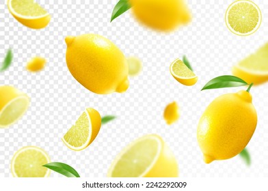 Fondo de cítricos de limón. Limón volador con hoja verde sobre fondo transparente. Limón cayendo desde diferentes ángulos. Frutos focalizados y borrosos. Ilustración vectorial 3d realista.