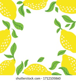 Lemon citrus frame with copy space. Summer exotic and tropic background design. Composition with lemons and leaves. Vector illustration for greeting card with place for text.