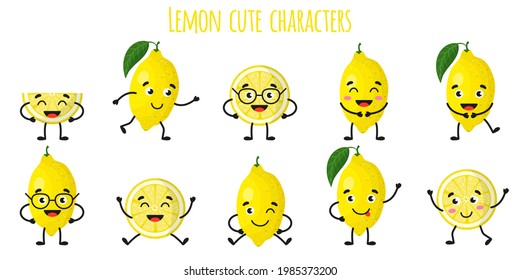 Lemon citrus fruit cute funny cheerful characters with different poses and emotions. Natural vitamin antioxidant detox food collection. Vector cartoon isolated illustration. Children concept.