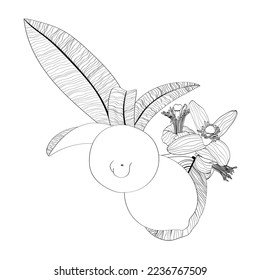 Lemon citrus fruit with flowers and leaves engraving illustration. Black and white hand drawn image.