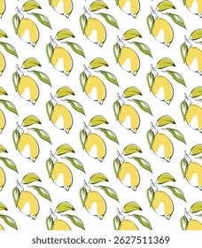 Lemon citrus fruit, line art seamless pattern. Elegant hand drawn doodle black ink brush stroke branch, leaves outline sketch charcoal style illustration. White color background. Modern vector swatch 