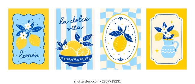 Lemon citrus fruit mediterranean amalfi sicily poster print art. Yellow lemons on branches with leaves flowers in bowl jug. Italy dolce vita style summer tile checkered pattern design graphic
