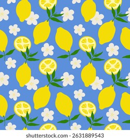 Citron Citrus fruit répétition motif harmonieux. Image vectorielle, arrière-plan bleu avec citrons jaunes, feuille, fleur. Rapport avec la branche jaune de plante de citron vert pour l'emballage, textile, papier, carte, impression, papier, étiquette