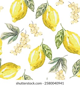 Lemon citrus fruits, currant berry, green leaves, white background. Vector illustration. Seamless pattern. Summer fresh design