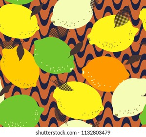 Lemon citrus fruits seamless pattern. Limes and lemons with leaves on abstract geometric background. Trendy citrus drawing illustration