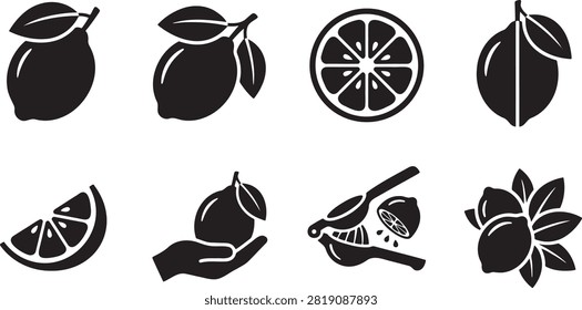 Lemon and citrus fruits whole slice squeezer icons