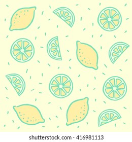 Lemon citrus icon sign. Seamless bright pattern with hand drawn texture. Vector colorful illustration. Summer cool pattern. Packaging for summer cafe. Fresh juice. 