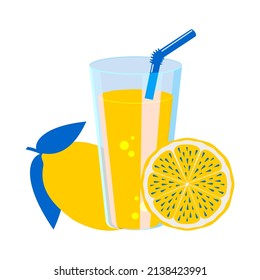 Lemon citrus juice in a glass transparent glass with a straw and a slice of exotic fruit. Healthy and healthy drink in a modern design on a white background. Vector.