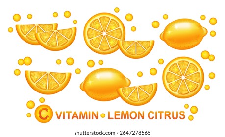 Limão citrus suculento fruta, limão cítrico, cítron azedo, medicamento de vitamina C. Alaranjado de tangerina amarelo fresco. Toranja tropical exótica inteira e cortada em fatias. ácido cítrico Suco de limonada comida saudável. Vetor
