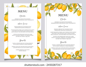 Lemon citrus menu card template. Summer wedding food selection card. Italian wedding menu. Summer dinner, citrus bridal shower menu. Capri bridal menu. Vector Illustration.