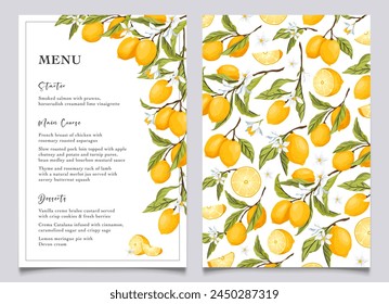 Lemon citrus menu card template. Summer wedding food selection card. Italian wedding menu. Summer dinner, citrus bridal shower menu. Capri bridal menu. Vector Illustration.