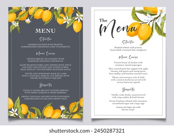 Lemon citrus menu card template. Summer wedding food selection card. Italian wedding menu. Summer dinner, citrus bridal shower menu. Capri bridal menu. Vector Illustration.